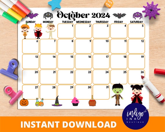 October Calendar INSTANT DOWNLOAD Monthly Planner Digital Calendar Kid  Monthly Calendar Printable Organization for Kids PDF Calendar - Etsy
