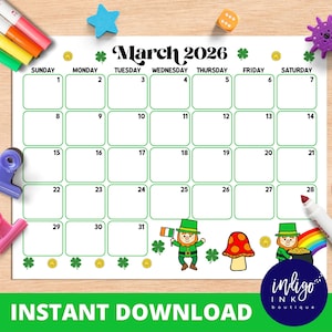 Kalender maart 2026 INSTANT DOWNLOAD | Digitale maandplanner | Afdrukbare maandkalender voor kinderen