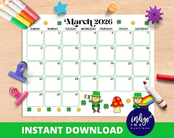 March 2026 Calendar INSTANT DOWNLOAD | Monthly Planner Digital Calendar | Kid Monthly Calendar Printable