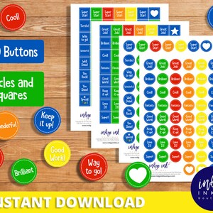 May include: A set of 240 colorful printable reward buttons for kids. The buttons are in circles and squares with encouraging phrases like "Great Job!" "Way to go!" "Keep it up!" and "Special Prize!" The buttons are perfect for teachers, parents, and educators to use as positive reinforcement for children.