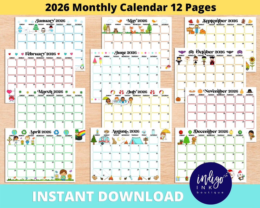 2026 Monthly Calendar Printable INSTANT DOWNLOAD | 2026 Calendar Kids ...