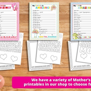 May include: Three printable Mother's Day cards with fill-in-the-blank sections for writing about a godmother, grandmother, and mom. Each card has a colorful illustration and the text "WORLD'S GREATEST" with the corresponding title. The cards are designed for coloring.