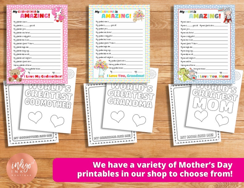 May include: Three printable Mother's Day cards with fill-in-the-blank sections for writing about a godmother, grandmother, and mom. Each card has a colorful illustration and the text "WORLD'S GREATEST" with the corresponding title. The cards are designed for coloring.