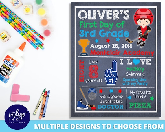 Hockey First Day of School Sign | Custom Chalkboard Sign | Personalized Sign | 1st Day of School Printable | Hockey Sign DIGITAL DOWNLOAD Il_570xn