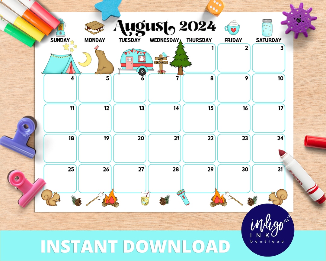 August Calendar INSTANT DOWNLOAD Monthly Planner Digital Calendar Kid ...