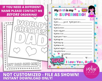 All About My Dad Printable Fill in the Blank Superhero Print INSTANT DOWNLOAD | Fathers Day from Kid | Dad Gift | Happy Father's Day Gift