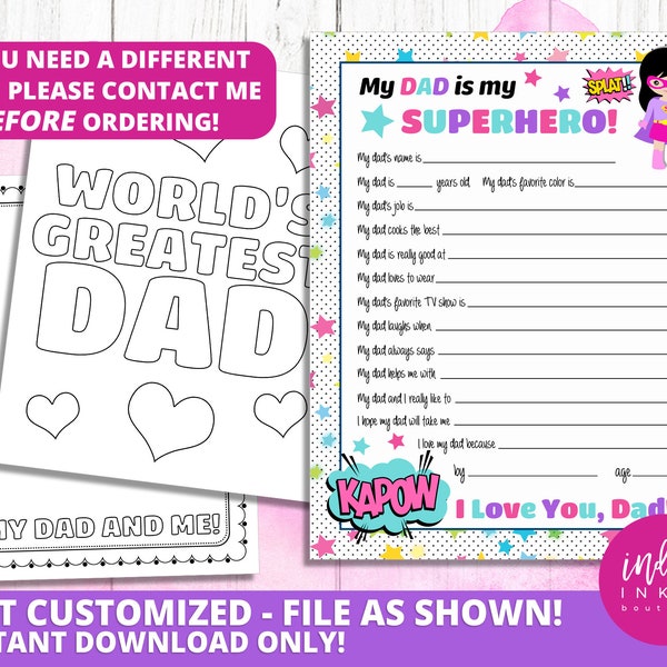 All About My Dad Printable Fill in the Blank Superhero Print INSTANT DOWNLOAD | Fathers Day from Kid | Dad Gift | Happy Father's Day Gift