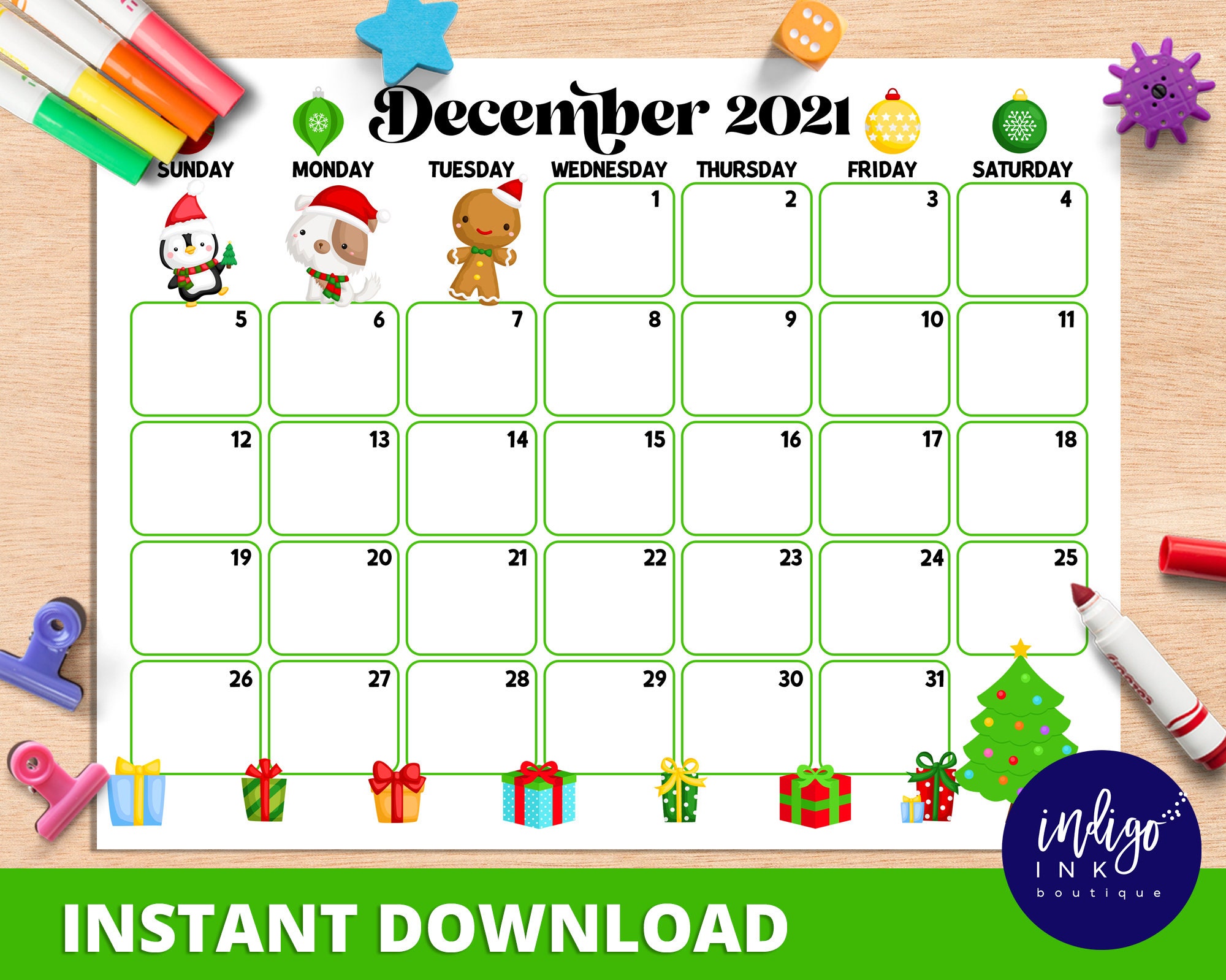 December Calendar INSTANT DOWNLOAD  Monthly Planner Digital Calendar  Kid  Monthly Calendar Printable  Organization for Kids PDF Calendar For Blank Calendar Template For Kids