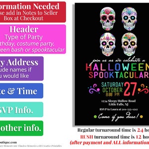 Sugar Skulls Halloween Invitation DIGITAL DOWNLOAD Day of the Dead Halloween Invite Dia De Los Muertos Skull Invitation Costume Party image 2