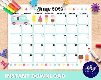 June Calendar 2023 INSTANT DOWNLOAD | Monthly Planner Digital Calendar | Kid Monthly Calendar Printable | Organization for Kids PDF Calendar