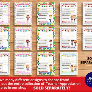 May include: A set of 20 printable "All About My Teacher" cards featuring colorful designs with different illustrations of children. The cards have lines for students to write about their teacher and say thank you. The text "SOLD SEPARATELY!" appears at the bottom of the image.