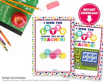 Lottery Ticket Holder Gift for Teacher INSTANT DOWNLOAD | Teacher Appreciation End of Year Gift | I Won the Lotto Gift Card Holder