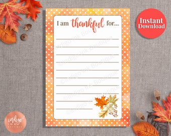 Puede incluir: Lista de gratitud de Acción de Gracias imprimible con un fondo de acuarela naranja y amarillo y lunares blancos. El texto "Estoy agradecido por..." está en la parte superior de la página.