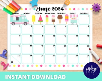 June Calendar 2024 INSTANT DOWNLOAD | Monthly Planner Digital Calendar | Kid Monthly Calendar Printable | Organization for Kids PDF Calendar