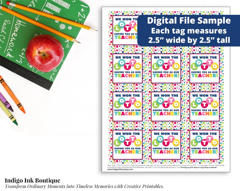 May include: Nine colorful gift tags with a polka dot background and the text "We won the lotto having you as our teacher!" in a white box. Each tag measures 2.5 inches wide by 2.5 inches tall.