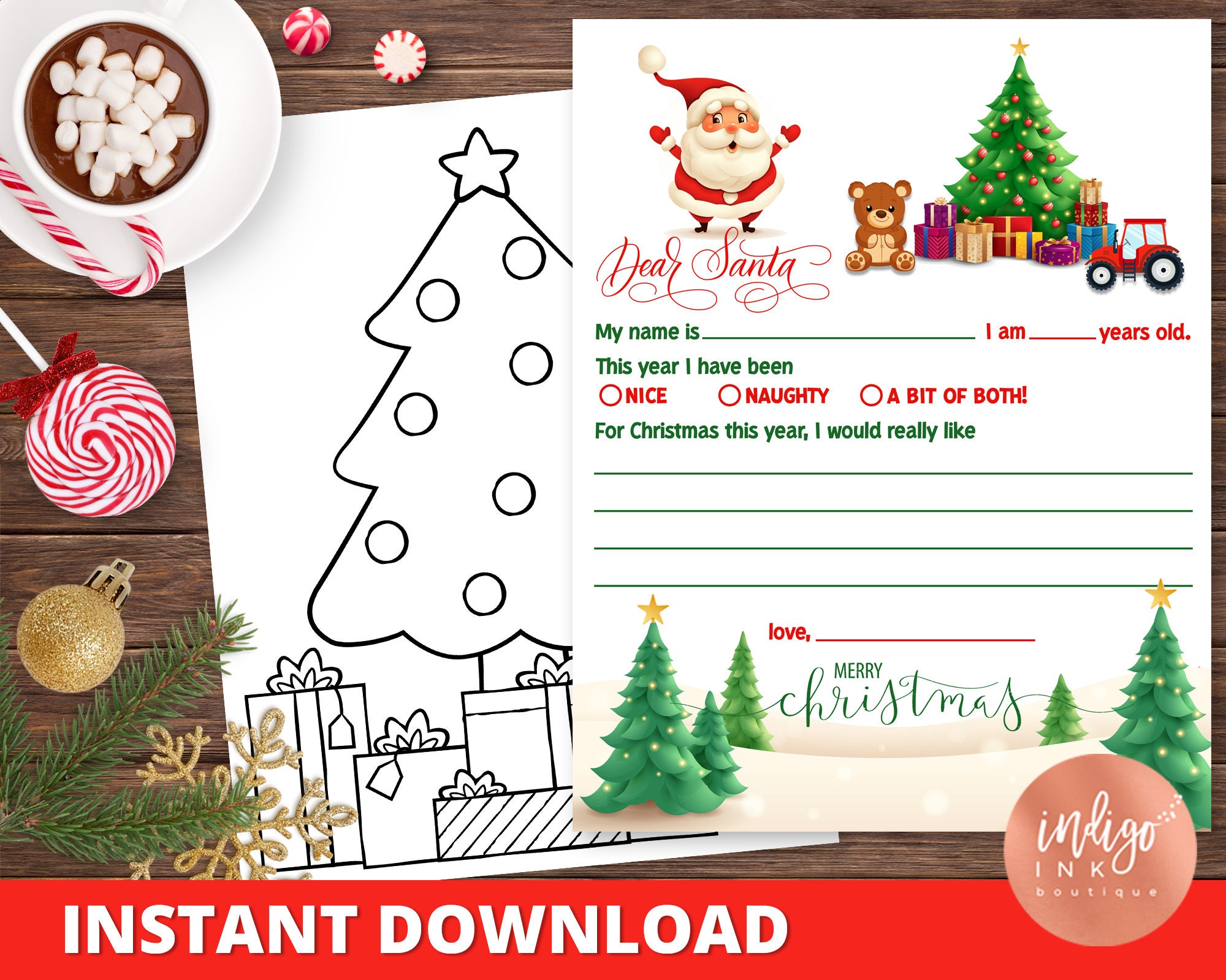 Letter to Santa INSTANT DOWNLOAD | Santa Wish List Letter | Kids