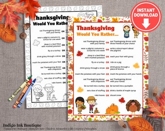 Kids Thanksgiving Game Would You Rather | Activities for Kids Last Minute Thanksgiving Party Printable Game INSTANT DOWNLOAD