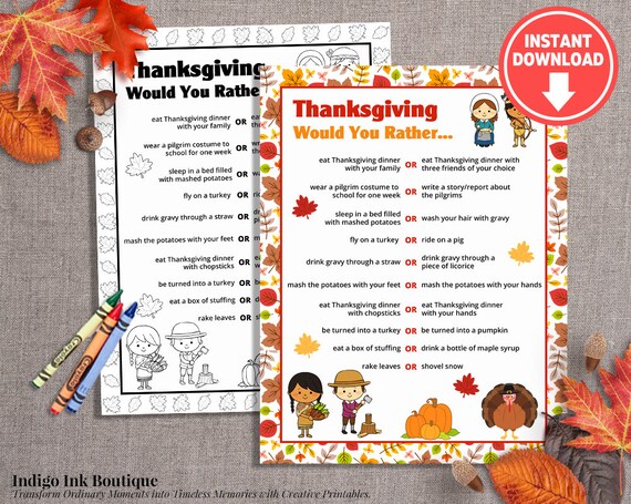 Kids Thanksgiving Game Would You Rather | Activities for Kids Last Minute Thanksgiving Party Printable Game INSTANT DOWNLOAD Il_570xn