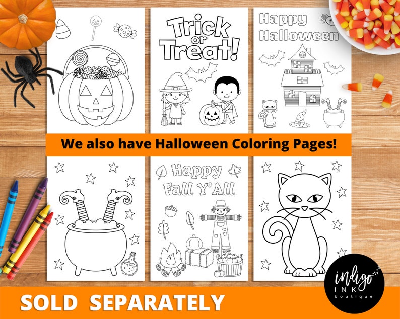 Pu&ograve; includere: Una collezione di pagine da colorare a tema Halloween, con disegni di zucche, streghe, case infestate e gatti. I testi "Trick or Treat!" e "Happy Halloween" sono visibili. &Egrave; presente anche la frase "We also have Halloween Coloring Pages!"