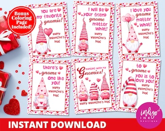 Gnomes Valentines Cards INSTANT DOWNLOAD | Printable Valentine Gnome | Valentine Favor Tag |  Valentines Day