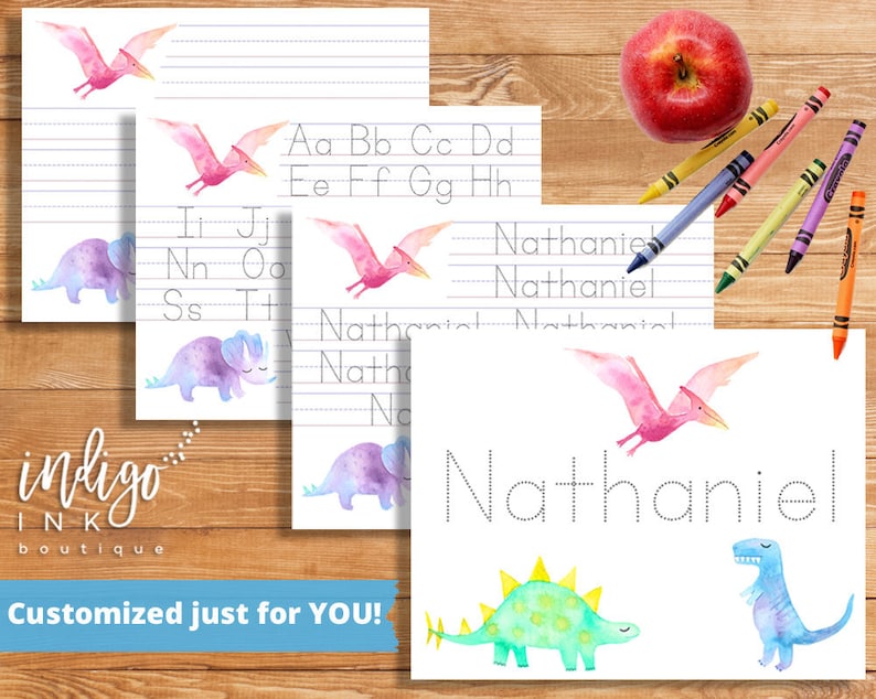 May include: Printable dinosaur themed tracing worksheets for kids. The worksheets feature a pink pterodactyl, a purple triceratops, and a green stegosaurus. The worksheets include tracing lines for letters and the name "Nathaniel".
