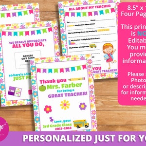 Lehrer-Dankesgeschenk PERSONALISIERT DIGITAL DOWNLOAD | Lehrer Geschenkidee | Alles über meine Lehrerin printable | Lehrerkarte Jahresendgeschenk