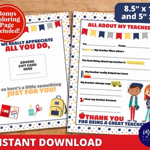 Gift for Teacher INSTANT DOWNLOAD | All About My Teacher Thank You | Teacher Appreciation | Thank You Teacher End of the Year Gift