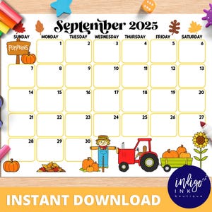September Calendar INSTANT DOWNLOAD | Monthly Planner Digital Calendar | Kid Monthly Calendar Printable | Organization for Kids PDF Calendar