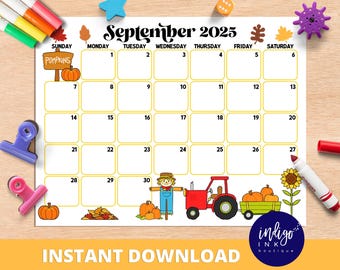 September Calendar INSTANT DOWNLOAD | Monthly Planner Digital Calendar | Kid Monthly Calendar Printable | Organization for Kids PDF Calendar