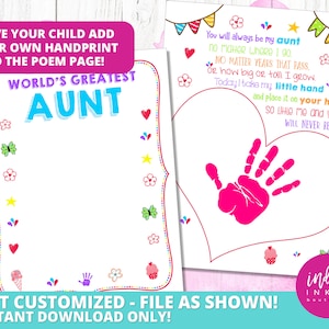 Muttertag Geschenk für Tante SOFORT DOWNLOAD | Handabdruck Geschenk Tante Geburtstag | Handabdruck Kunst Tante Gedicht Geschenk | Muttertags-Gedicht