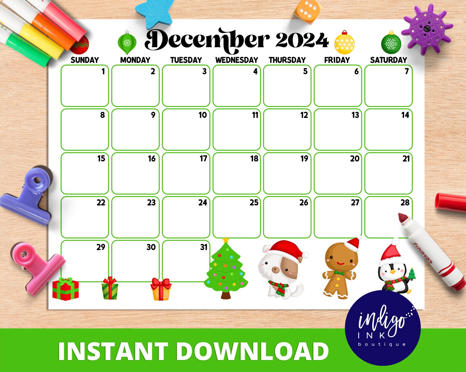 December Calendar INSTANT DOWNLOAD Monthly Planner Digital Calendar Kid ...