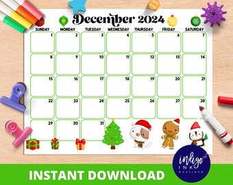 December Calendar INSTANT DOWNLOAD | Monthly Planner Digital Calendar | Kid Monthly Calendar Printable | Organization for Kids PDF Calendar