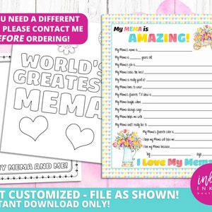 Alles over mijn Mema Kid Vragenlijst Moederdag Cadeau INSTANT DOWNLOAD | Gelukkig Moederdagcadeau voor Mema | Mema afdrukbaar | Mema verjaardag