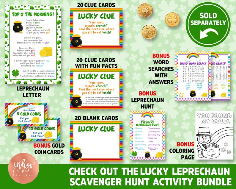 K&ouml;nnte beinhalten: Ein druckbares St. Patrick's Day-Schnitzeljagd-Aktivit&auml;tspaket mit 20 Hinweis-Karten, einem Koboldbrief, Wortsuchen, einer Malvorlage und Goldm&uuml;nzenkarten. Das Paket enth&auml;lt eine Vielzahl von Aktivit&auml;ten f&uuml;r Kinder.