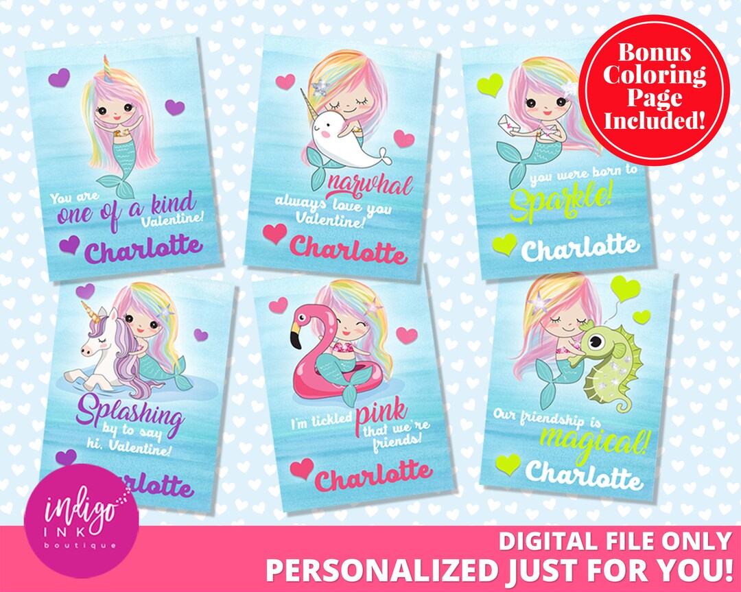 Valentines Day Cards DIGITAL DOWNLOAD | Mermaid Valentine Card Kids ...