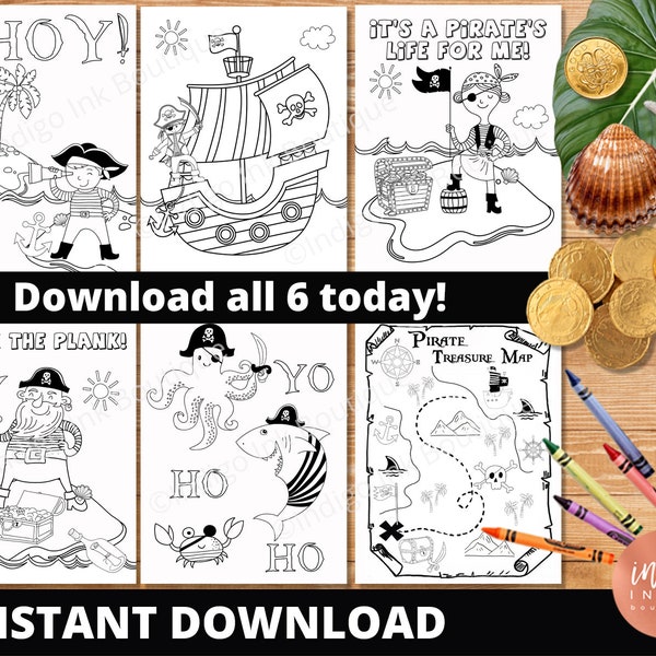 Pirate Coloring for Kids INSTANT DOWNLOAD | Pirate Activity Coloring Pages | Treasure Map Birthday Party Favor | Kids Coloring Sheets