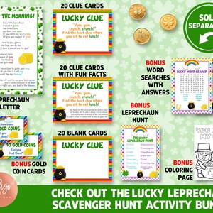 May include: A printable St. Patrick's Day scavenger hunt activity bundle with 20 clue cards, a leprechaun letter, word searches, a coloring page, and gold coin cards. The bundle includes a variety of activities for kids to enjoy.