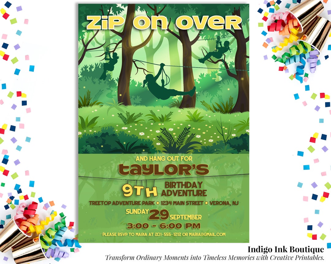 Zipline Birthday Invitation Personalized DIGITAL DOWNLOAD Tree Top