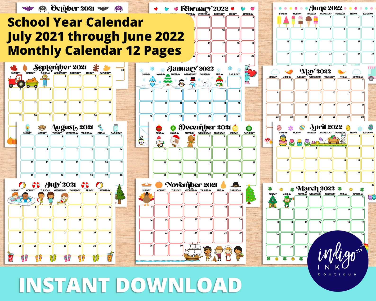 Monthly Calendar Printable INSTANT DOWNLOAD School Calendar | Etsy