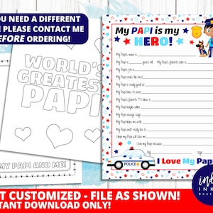 All About My Papi INSTANT DOWNLOAD | My Papi is My Hero Father&#39;s Day Gift | Police Daddy Gift for Papi | Papi Birthday Grandpa Gift
