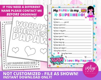 About My Papaw Kid Questionnaire Fathers Day Gift INSTANT DOWNLOAD | Happy Father's Day Gift for Papaw | Papaw Printable | Papaw Birthday