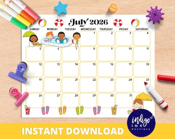 Calendario di luglio DOWNLOAD IMMEDIATO / Agenda mensile digitale / Calendario mensile stampabile per bambini / Organizzazione per bambini in PDF