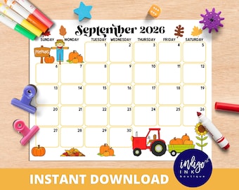 Calendario di settembre DOWNLOAD IMMEDIATO / Agenda mensile digitale / Calendario mensile stampabile per bambini / Organizzazione per bambini in PDF