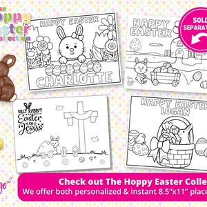 K&ouml;nnte beinhalten: Schwarz-wei&szlig;e druckbare Malvorlagen mit Ostern-Motiven. Die Seiten zeigen ein H&auml;schen, das Eier h&auml;lt, ein H&auml;schen, das einen Wagen zieht, ein H&auml;schen in einem Korb und ein Kreuz mit einem H&auml;schen. Der Text auf den Seiten lautet "Frohe Ostern", "Dummes H&auml;schen Ostern ist f&uuml;r Jesus", und "Charlotte" und "Logan".