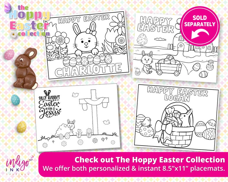 K&ouml;nnte beinhalten: Schwarz-wei&szlig;e druckbare Malvorlagen mit Ostern-Motiven. Die Seiten zeigen ein H&auml;schen, das Eier h&auml;lt, ein H&auml;schen, das einen Wagen zieht, ein H&auml;schen in einem Korb und ein Kreuz mit einem H&auml;schen. Der Text auf den Seiten lautet "Frohe Ostern", "Dummes H&auml;schen Ostern ist f&uuml;r Jesus", und "Charlotte" und "Logan".