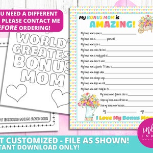 All About My Bonus Mom Kid Questionnaire INSTANT DOWNLOAD | Happy Mother&#39;s Day Gift for Bonus Mom | Bonus Mom Birthday
