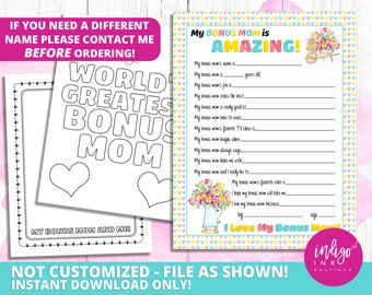 All About My Bonus Mom Kid Questionnaire INSTANT DOWNLOAD | Happy Mother's Day Gift for Bonus Mom | Bonus Mom Birthday