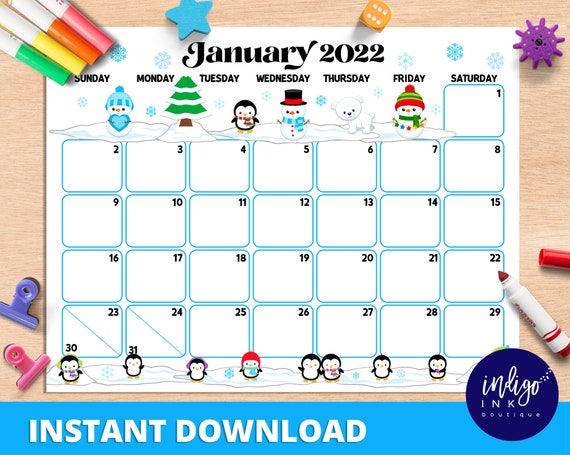 January 2022 Calendar Instant Download | Monthly Planner Digital Calendar | Kid Monthly Calendar Printable | Organization For Kids By Indigo Ink Boutique | Catch My Party