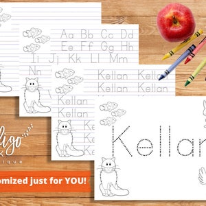 May include: Printable worksheet for practicing writing the name Kellan. The worksheet features dotted lines to guide the child's hand as they trace the letters. The worksheet also includes a variety of images, including a cat, a fish, a rabbit, and a bird.