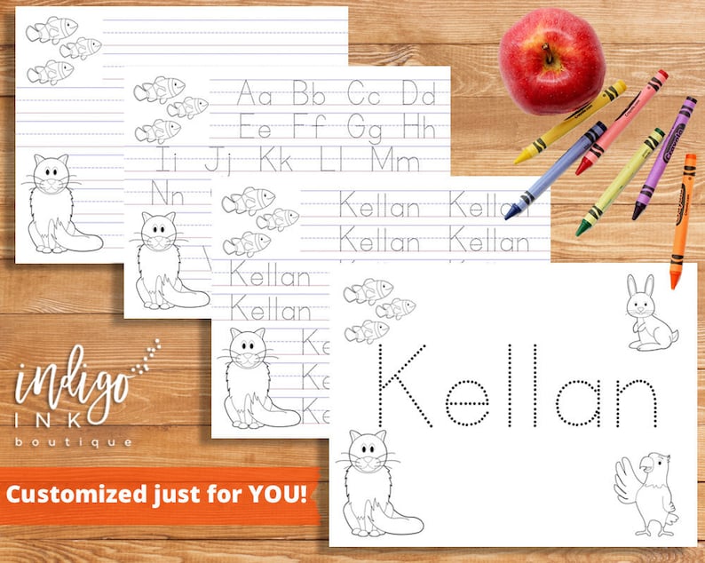 May include: Printable worksheet for practicing writing the name Kellan. The worksheet features dotted lines to guide the child's hand as they trace the letters. The worksheet also includes a variety of images, including a cat, a fish, a rabbit, and a bird.